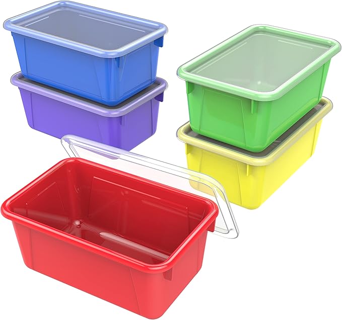 Storex Small Cubby Bins – Plastic Storage Containers for Classroom with Non-Snap Lid, 12.2 x 7.8 x 5.1 inches, Assorted Color