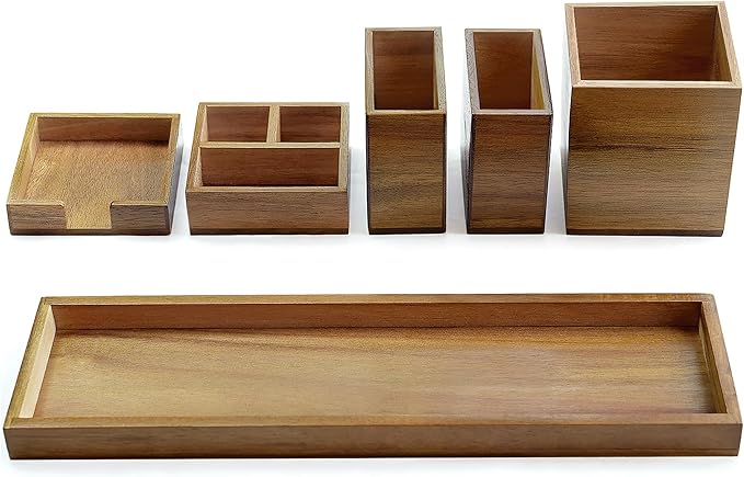 Wood Vanity Tray, 6-Piece Small Bathroom Counter Organizer Wooden Decorative Trays Rectangular Perfume Jewelry Makeup Cosmeti