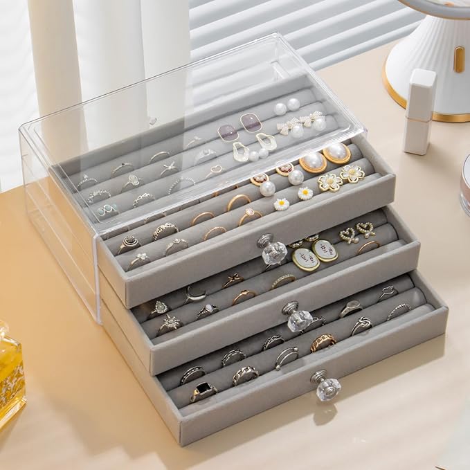 SPAKOWN Ring Box Display Holder, Clear Velvet Jewelry Storage Tray Organizer for Ring Stud Earring (Grey - 5 Drawers)