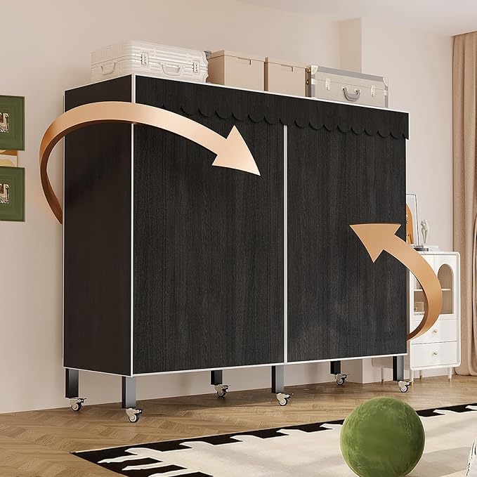 YTLEMON Heavy Duty Wardrobe Closet with Cover, Metal Rolling Clothes Rack, Foldable Portable Closet Organizer System Freestan