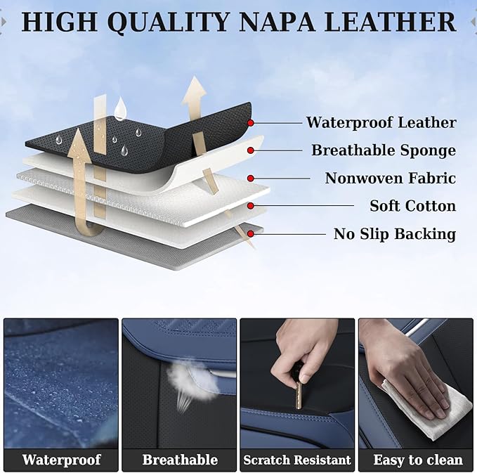Coverado Front and Back Seat Covers for Cars, Nappa Leather Car Seat Covers Full Set, Waterproof Carseat Protector Seat Cushi