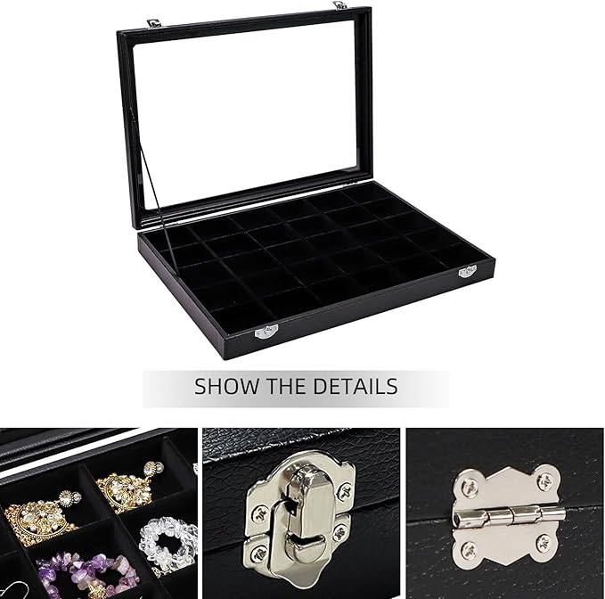 Wudygirl 30 Grid Jewelry Organizer Clear Lid Jewelry Tray Stackable Jewelry Storage Case Display Rings,Earrings,Necklace,Blac