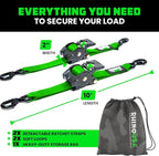 Rhino USA Retractable Ratchet Straps (2-Pack) - 2 Inch x 10 Feet (3,033lb Break Strength) - Heavy Duty Auto Self Retracting Tie Down Straps for Truck, Cargo Trailer, Motorcycle, Rad & More - Green