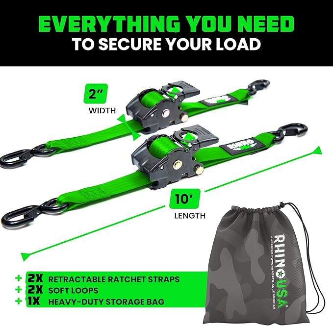 Rhino USA Retractable Ratchet Straps (2-Pack) - 2 Inch x 10 Feet (3,033lb Break Strength) - Heavy Duty Auto Self Retracting Tie Down Straps for Truck, Cargo Trailer, Motorcycle, Rad & More - Green