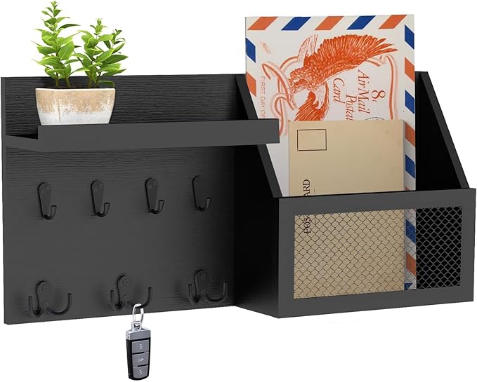 LubanNese Key Holder Wall Mount Pine Wood 16 X 8 Mail Organizer Farmhouse Key Rack for Wall with Hooks and Shelf, Rustic Wood