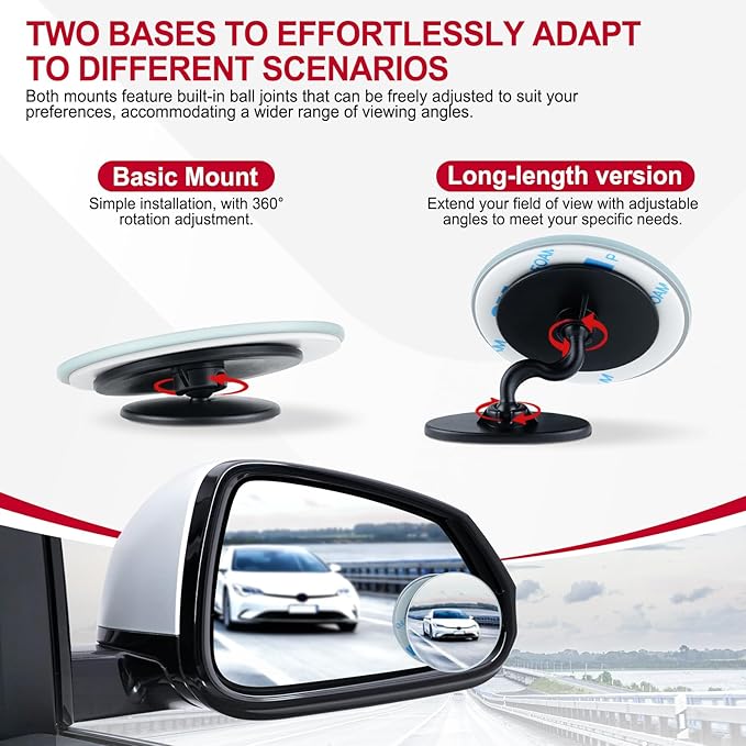 LivTee Blind Spot Mirrors, 2" Round HD Glass Frameless 360° Adjustable Convex Rear View Mirrors with Wide Angle Stick, Exterior Accessories for Cars, SUVs and Trucks, 2 Pack