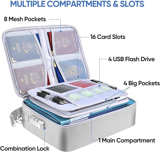 BALEINE Fireproof Document Box with Lock, Portable Fireproof Document Bag Waterproof Fire Proof File Boxes for Documents, Fil