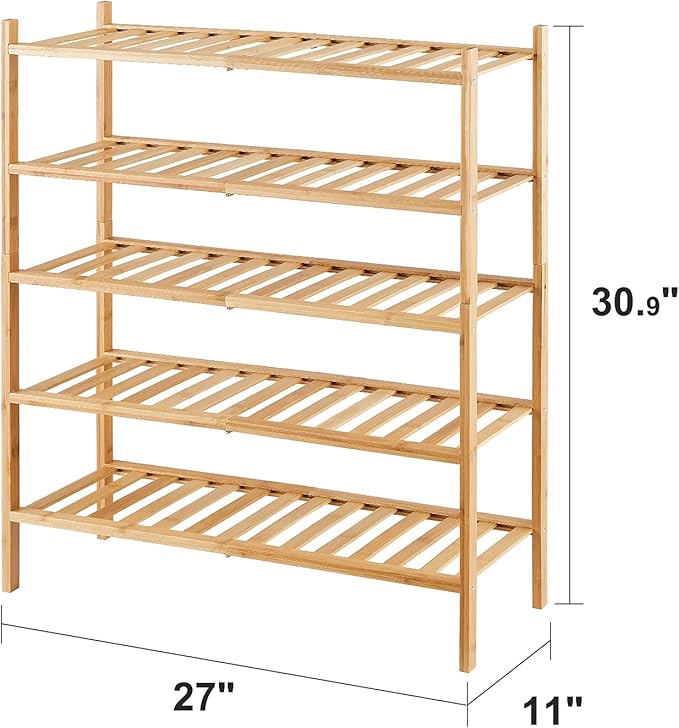 viewcare 5-Tier Bamboo Shoe Rack for Entryway, Stackable | Foldable | Natural, Shoe Organizer for Hallway Closet, Standing Sh