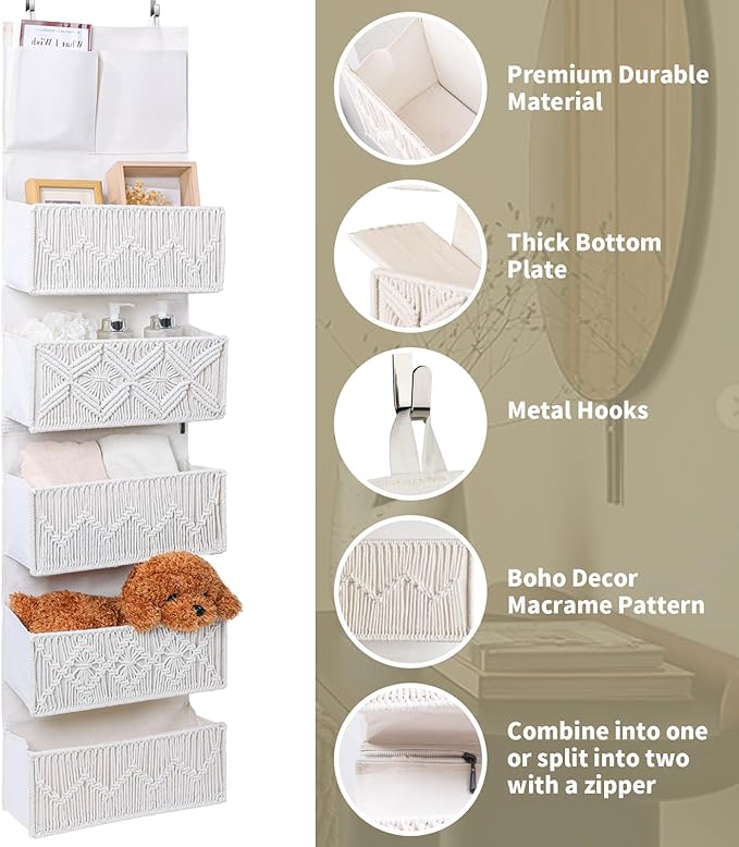 ANTIS'S HOME Over the Door Organizer Macrame Boho Nursery Storage with 5 Large Woven Pockets, Hanging Closet Basket for Bathr
