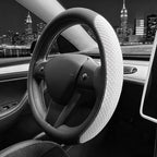 SEG Direct Flat Bottom Steering Wheel Cover, D Shaped Car Wheel Cover 14 1/2-15 in. (37-39 cm), Black White Embossed Microfib