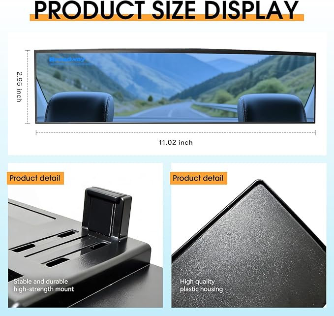 Broadway Panoramic Rear View Mirror Wide Angle Car Mirror Blind Spot Convex Rearview Mirror Essential Rear View Mirror Accessories for Cars SUV Trucks Vehicles (270mm-Blue)