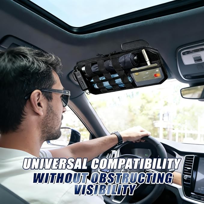 Tactical Molle Car Sun Visor Organizer – Semi-Rigid Storage Panel with Zipper Pouch & Glasses Clip, Universal Organizer for Cards, Pens & Tactical Gear, Fits All Cars, SUVs, Trucks