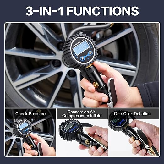 Digital Tire Pressure Gauge with Inflator, 250 PSI Heavy Duty Air Chuck & Compressor Accessories with Quick Connect Coupler and Rubber Hose for Cars, Inflatables