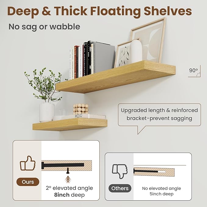 72 Inch Floating Shelves for Wall, 8 Inch Deep Floating Shelf for Storage & Display, Rustic Wall Mounted Shelf with Invisible