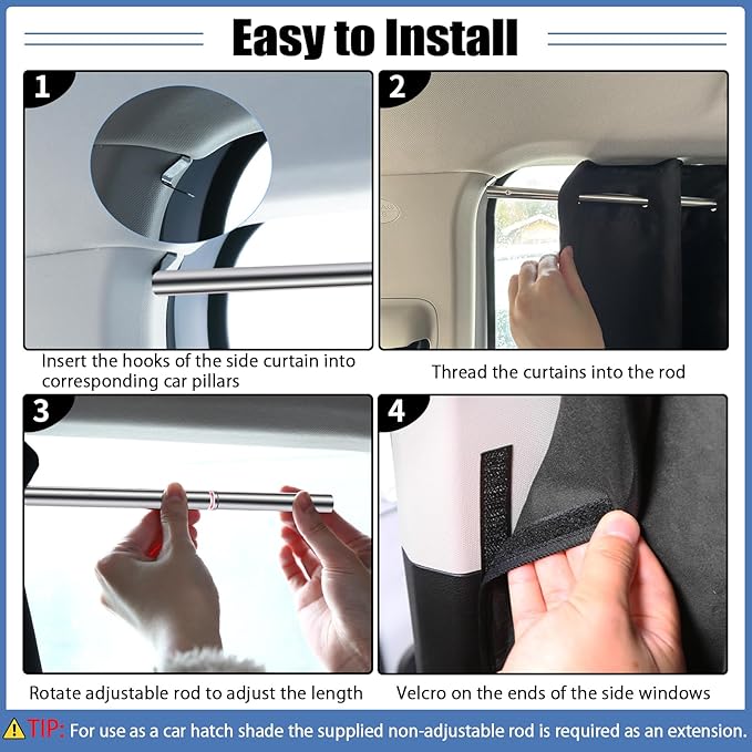 XCBYT Car Privacy Divider Curtains (3-Pack), Rigid Rod-Mounted Total Blackout Set - No Sag, No Strings - Rear Seat Divider & Side Window Shades for Car Camping, Baby Naps