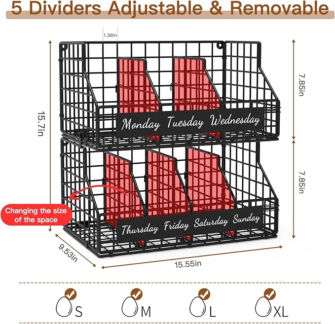 Egg Holder Countertop with 5 Dividers & Labels, 2 Tier Stackable Chicken Egg Baskets for Gathering Fresh Eggs, Egg Organizer 