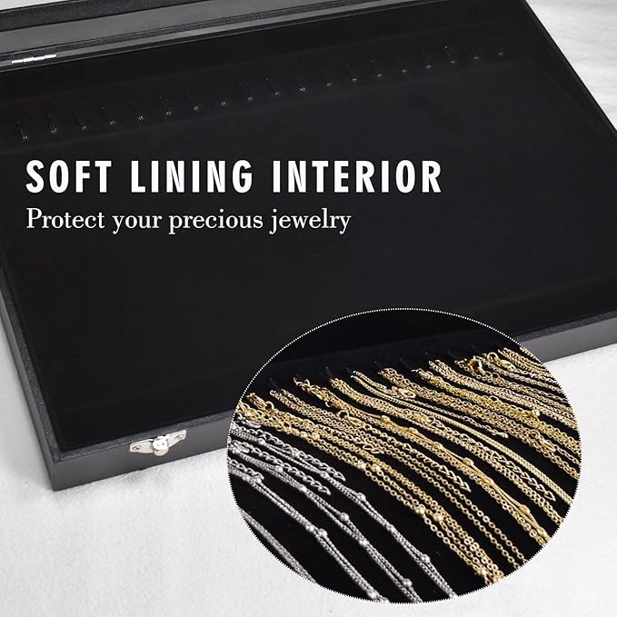 Siveit Premium Necklace Organizer Box - 20 Hooks Jewelry Tray with Transparent Lid - Display Box for Necklaces, Pendants - Su