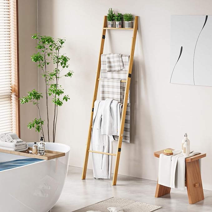 BAMBANG 6-Tier Blanket Ladder for Living Room, Blanket Quilt Ladder Rack Rustic Decorative Towel Holder, Wall Leaning Blanket