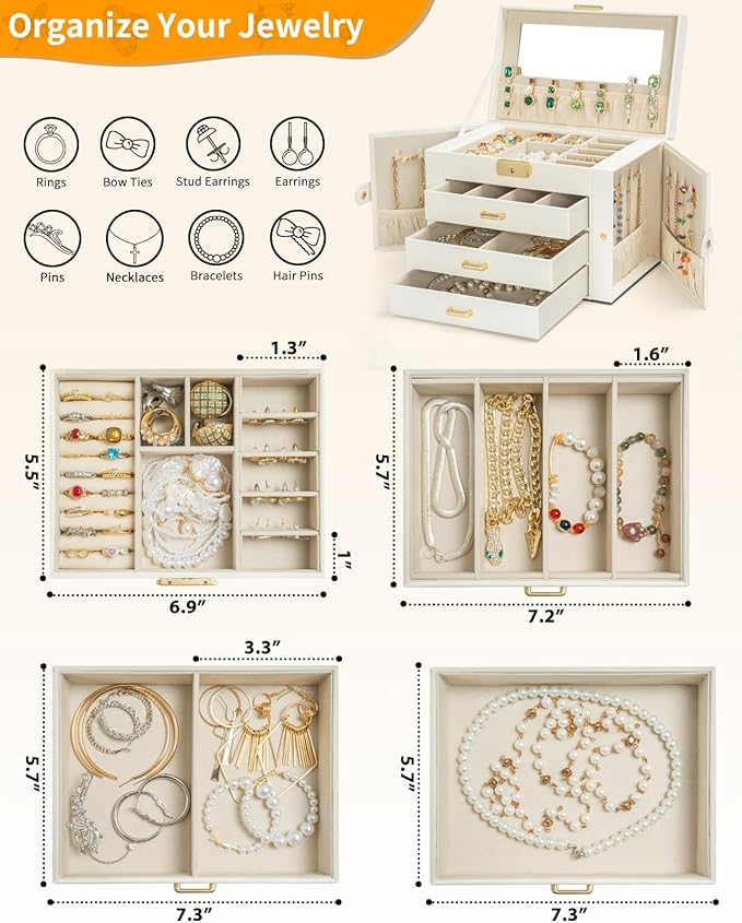 AKOZLIN Large 4-Tier Jewelry Box Leather Jewelry Storage Organizer with 3 Drawers Lockable for Women Girls Ring Necklace Earr