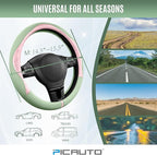 PIC AUTO Steering Wheel Cover, Pink Patterned & Green Leather Patchwork Design, Universal Fit 14.5"–15.5", Anti-Slip, Odor-Fr