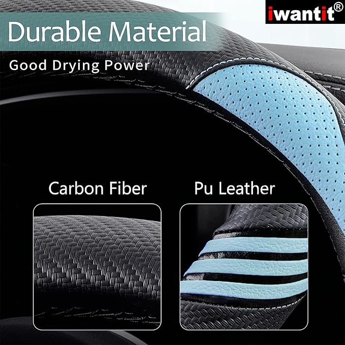 Iwantit® Cute Steering Wheel Cover for Women, Carbon Fiber&Breathable Pu Leather with Anti-Slip Rubber Ring, Steering Wheel P