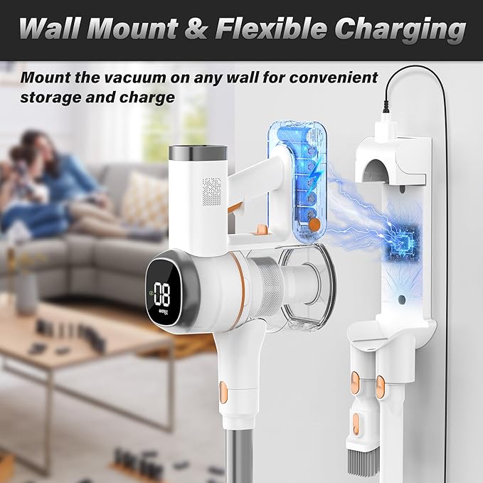 Tikom V500 Cordless Vacuum Cleaner for Home, 40000Pa/450W Stick Vacuum with LED Touch Screen, Charging Wall Dock, Anti-Tangle