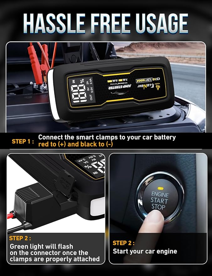 EcoNour Jump Starter | 1600A Peak | Portable Car Jump Starter | 12V Lithium Jump Box for 7L Gas and 5L Diesel Engines | Car Battery Jump Starter - LCD Display, Emergency Flashlight and Jumper Cables