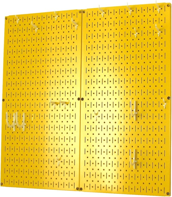Wall Control Kitchen Pegboard Organizer Pots and Pans Storage Rack Organization Kit with Yellow Pegboard and White Accessorie