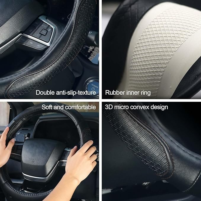 KAFEEK 15 Inch Genuine Top-Grain Leather Steering Wheel Cover, Anti-Slip Diamond Grid Texture, Breathable Cowhide Car Steerin