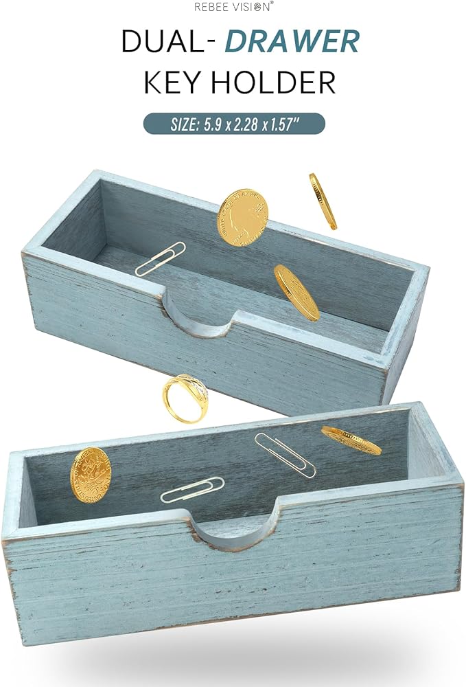 Rebee Vision Decorative Key Holder Wall Mount with 2 Drawer Organizer - Modern Mail Organizer with 6 Key Hooks & Shelf - Home