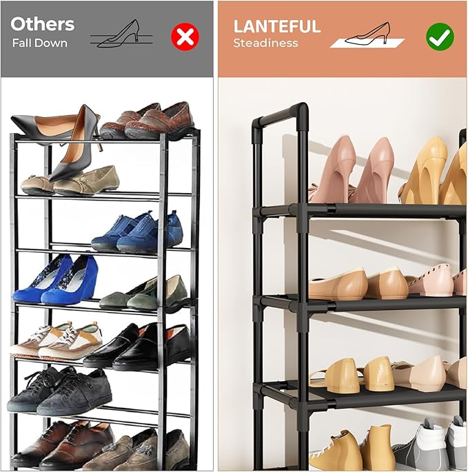 LANTEFUL 7 Tiers Shoe Rack 18-20 Pairs Boots Organizer Storage Sturdy Narrow Shoe Shelf for Entryway, Closets with Hooks, Bla