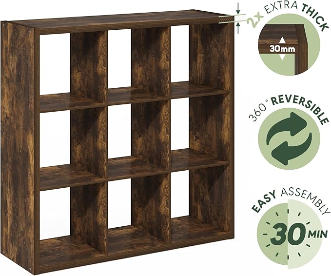 Furinno Cubicle Book Shelf, 9-Cube Bookshelf, Extra Thick Frame Reversible Bookcase with Open Back, 14.6" x 44" x 44", for Li