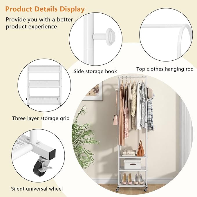 Kaitiemoo Heavy Duty Clothing Rack with Wheels,Modern Garment Rack with 3 Metal Shelves, 71.8Inches Display Rack for Hanging 