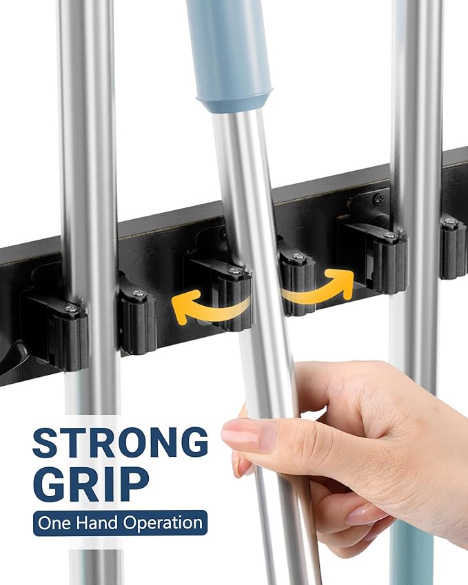 Lorbro Broom Holder Door Mount, Over the Door Broom and Mop Holder with 2 Over Door Hooks, Wood Broom Hanger, Tool Rack Organ