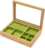 pandapark Wooden Jewelry Box with Glass Lid, Multi-Compartment Storage Display Case, Walnut Brown (Green Cherry)