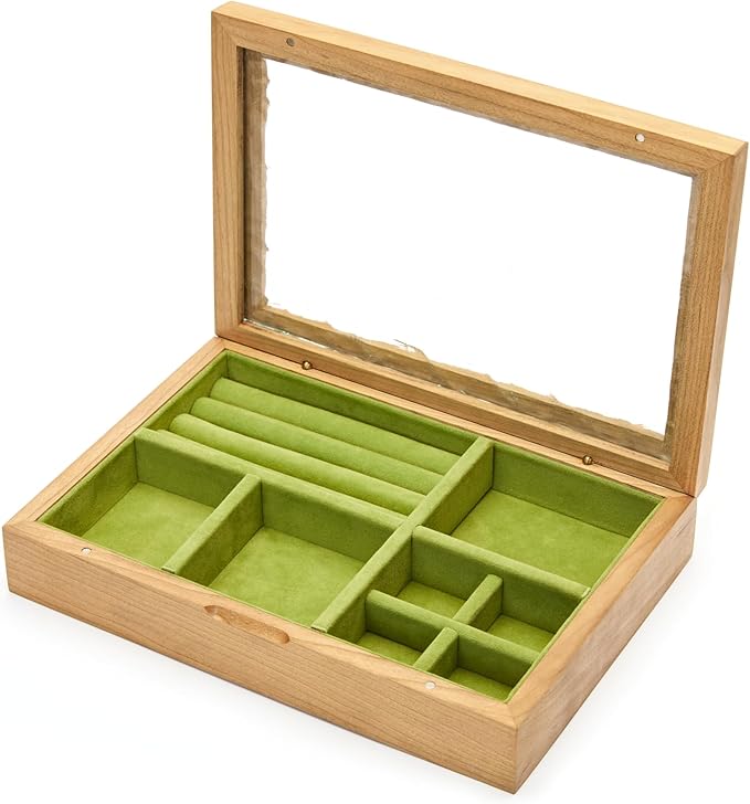 pandapark Wooden Jewelry Box with Glass Lid, Multi-Compartment Storage Display Case, Walnut Brown (Green Cherry)