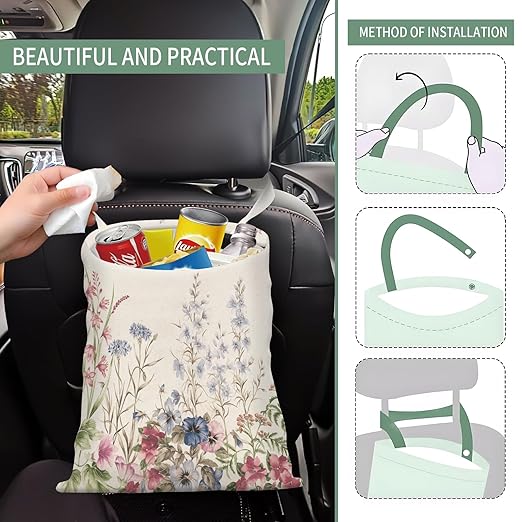 Cute Car Trash Can, Hanging Canvas Car Back Seat Organizer and Storage Bag, Funny Car Trash Bag For Travelling, Outdoor Cute Watercolor Floral