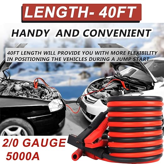 2/0 Gauge Jumper Cables, 40FT 5000A Heavy Duty Jumper Cable for Car Van Truck, Automotive Booster Cables for Jump Starting Dead & Weak Batteries，Transfers Higher Voltage Than 0, 2~12 Gauge
