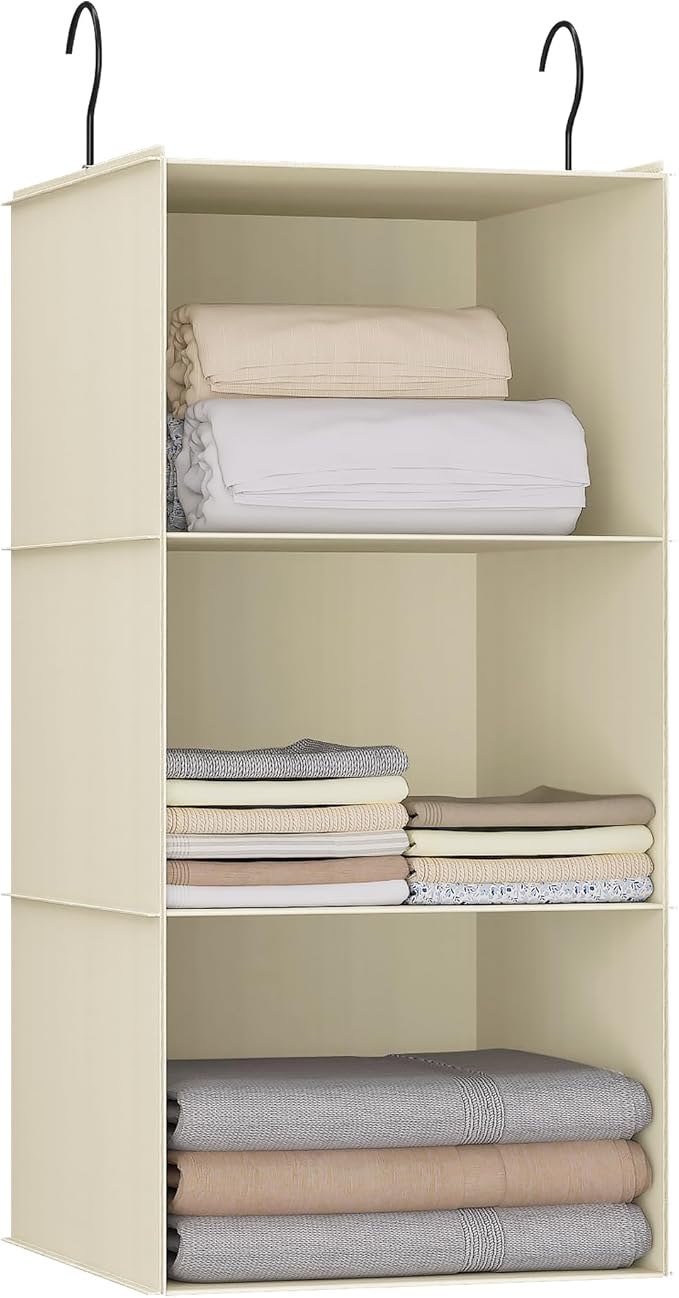 Hanging Closet Organizer and Storage 3-Shelf, Easy Mount Foldable Hanging Closet Wardrobe Storage Shelves, Clothes Handbag Sh