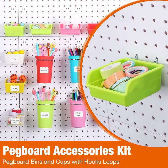 Sieral 64 Pieces Pegboard Bins Pegboard Cups with Hooks and Loops Peg Hooks Assortment Organizer Accessory for Organizing Acc
