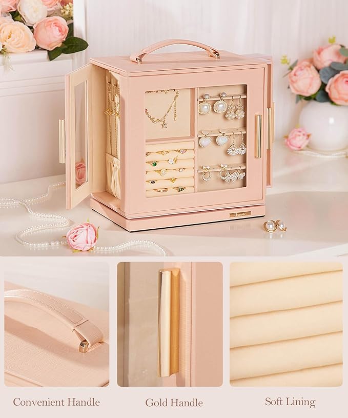 Homde Jewelry Box 360° Rotating, Necklace Earring Organizer with Transparent Window, Mirror, 7 Drawers, Large Ring Display St