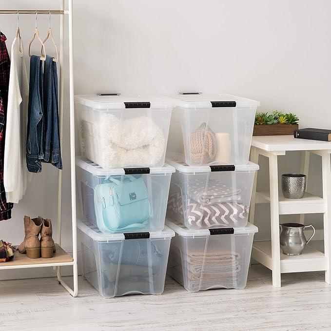 IRIS USA 54 Qt Stackable Plastic Storage Bins with Lids, 12 Pack - BPA-Free, Made in USA - See-Through Organizing Solution, L