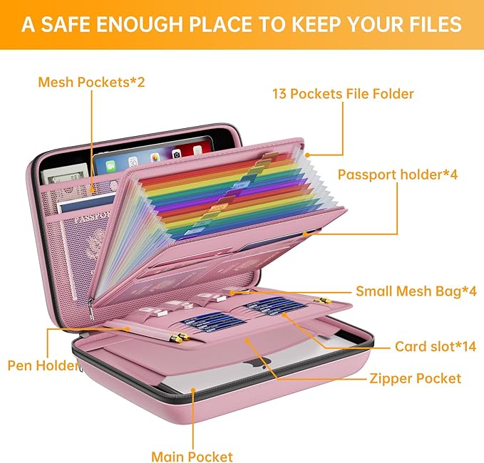 DocSafe Fireproof File Organizer with Lock, Hard-Shell Case Fireproof Document Box with 13 Pocket Accordion File Folder, Port