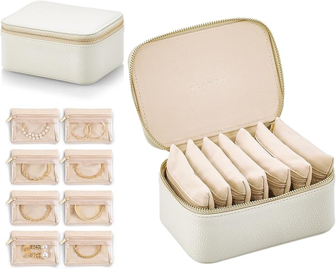 VLANDO Travel Jewelry Box Organizer – Portable PU Leather Jewelry Case with 6/8/12 Zippered Pouches, Compact Storage for Earr