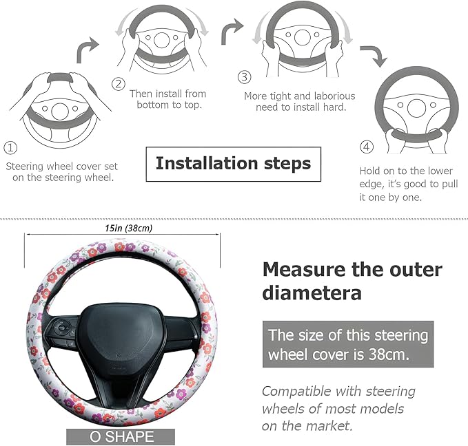 Colorful Flowers Steering Wheel Cover Auto Jacquard Steering Wheel Protector, Anti-Slip, Breathable, Absorbing Sweat, Universal Car Accessories 14.5–15 inch,Fit for Most Car, Trucks, SUV