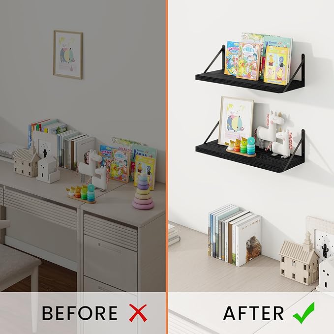 Floating Bookshelf with Brackets, Black Floating Shelves, 16 inch Wall Shelves Set of 3, Particle Board Wooden Shelf for Kitc