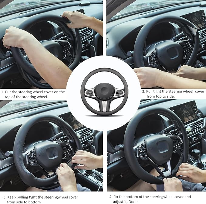 Leather Steering Wheel Cover for Honda Civic Accord CR-V, 14.5-15 inches Car Steering Wheel Cover, Black