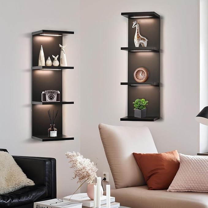 4 Tier LED Wall Shelf - Modern Floating Shelves for Makeup Vanity, Bedroom, Living Room | Easy Install Cosmetic & Display Lac