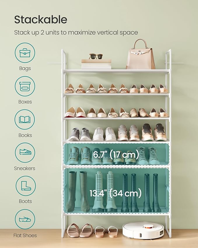SONGMICS Shoe Rack, 4-Tier Shoe Organizer, Metal Storage Shelf, Upright or Upside Down, for 20-25 Pairs, Stackable, for Entry