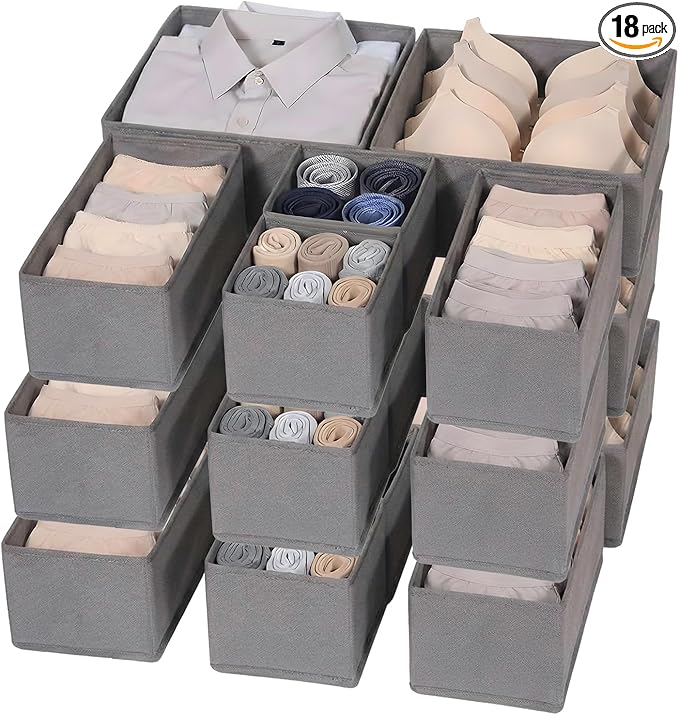 Garvee Drawer Organizer Clothes, Set of 18 Dresser Organizer Bins for Baby Clothes, Underwear, Bra & Sock, Foldable Fabric Cl
